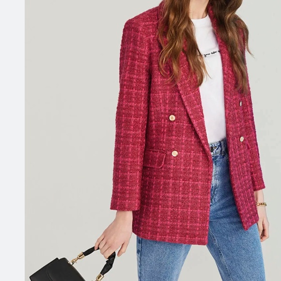 LC Waikiki Vision Blazer Tweed Jacket Chanel vibe Double breasted Pink Sz S - Picture 3 of 16